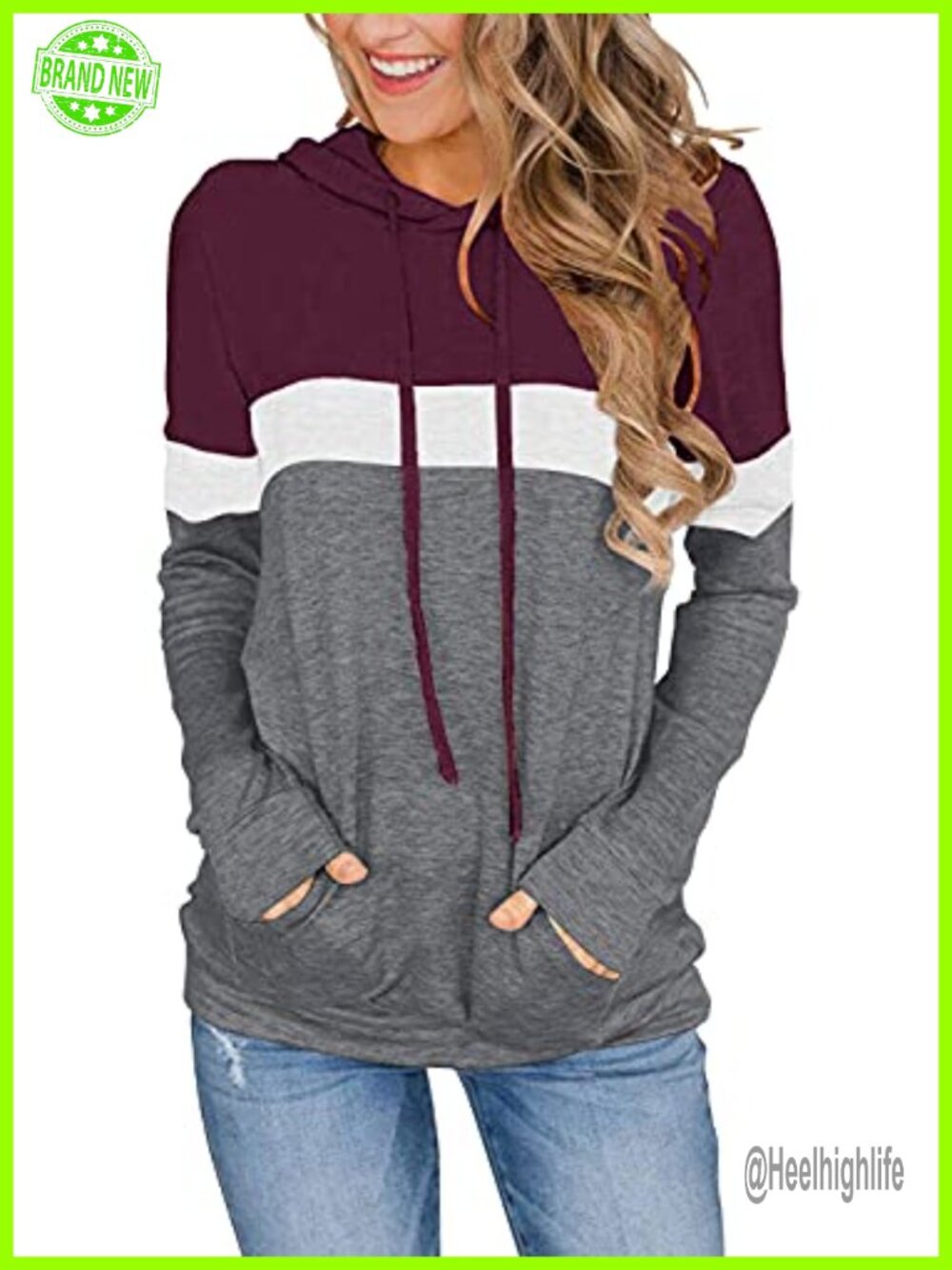 Womens Long Sleeve Color Block Hoodie Pullover Sweatshirt Casual Top